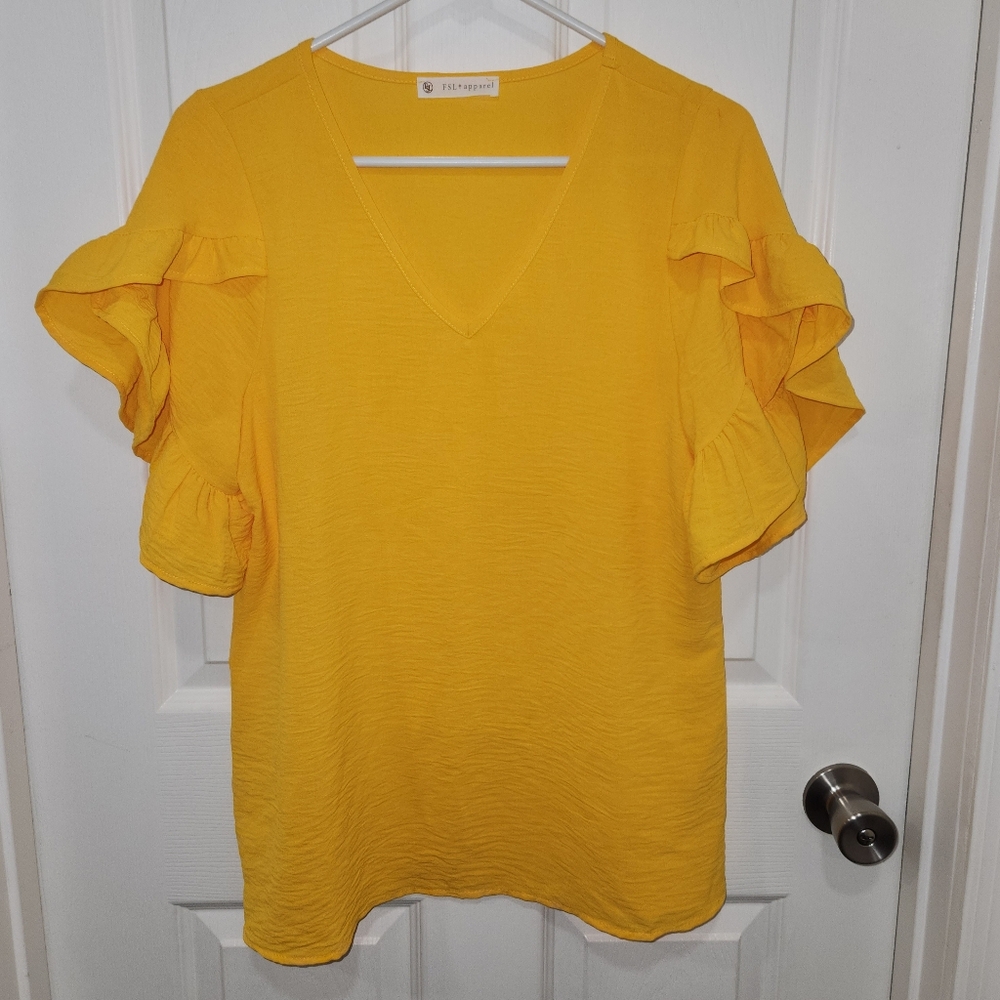 FSL + apparel Bright Yellow Women's Blouse w/Ruffled Sleeves Size Small.